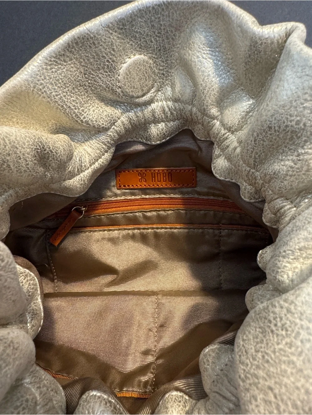 HOBO Metallic Gold Leather Drawstring Crossbody Bag + Dust Bag
